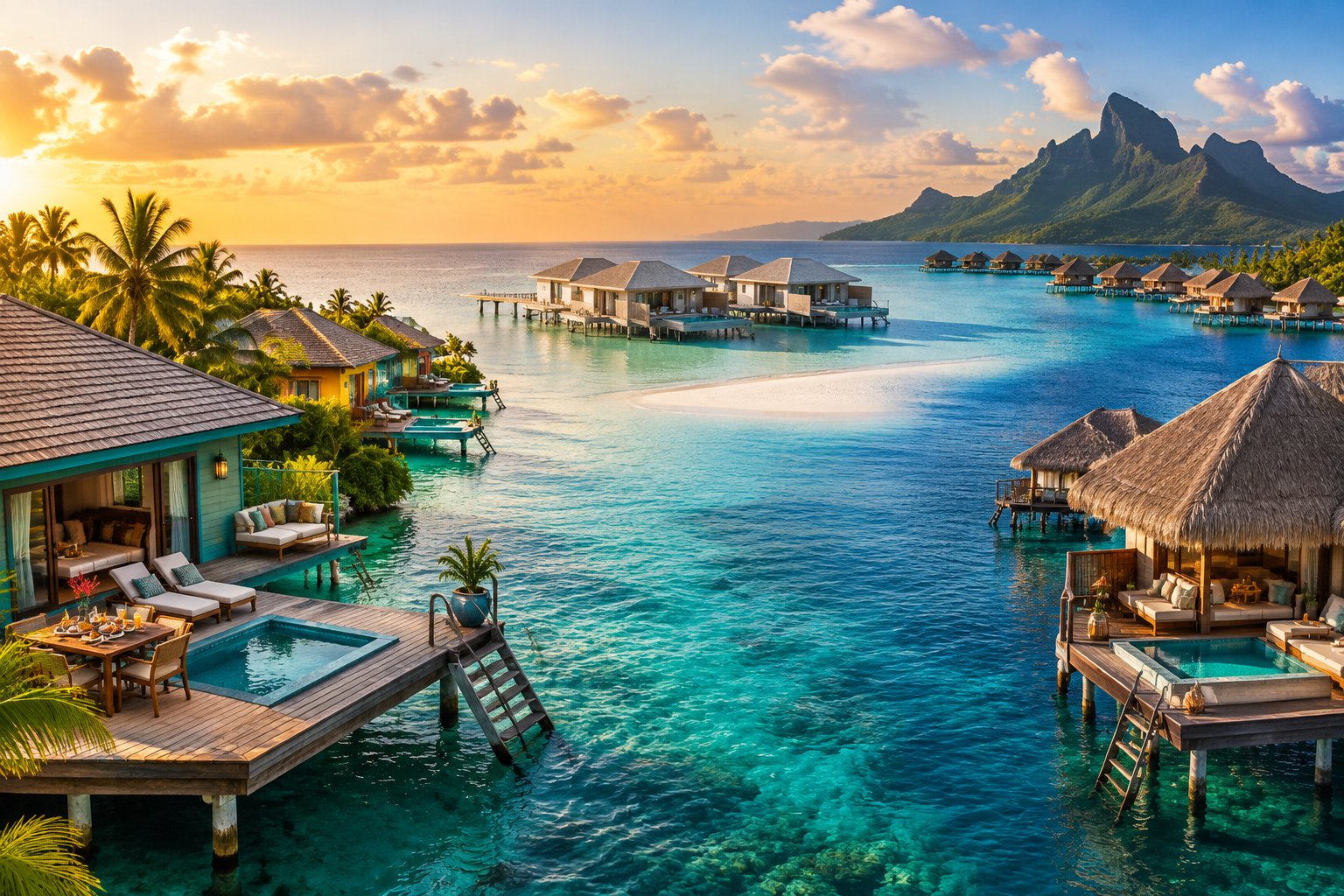 Luxury overwater bungalows in a tropical lagoon with palms, clear blue water, and distant mountains.