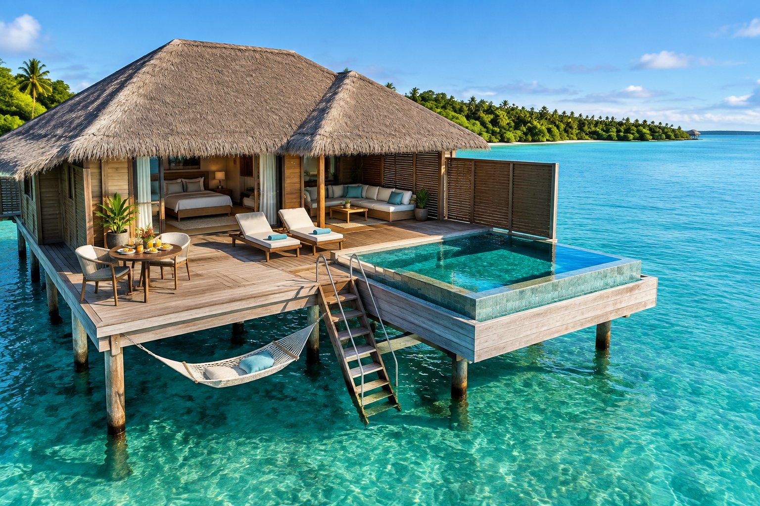 A luxurious overwater bungalow with a private pool, lounge deck, and dining area above a turquoise tropical lagoon.