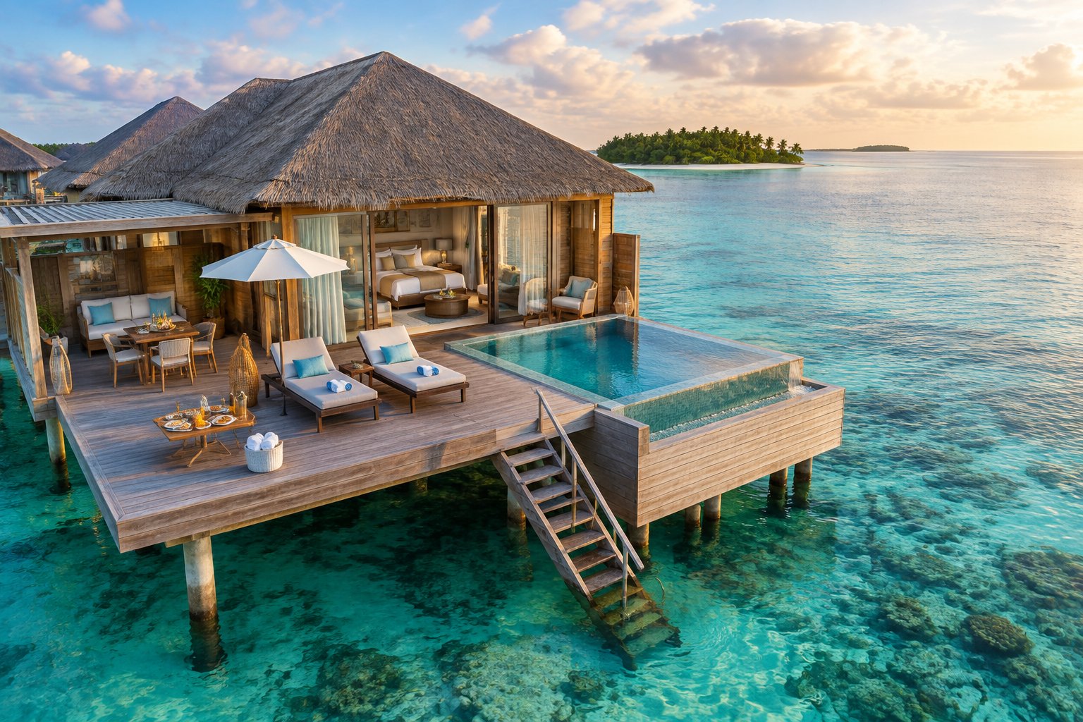 A luxurious overwater bungalow with a private pool, sun deck, and direct access to a clear tropical lagoon.