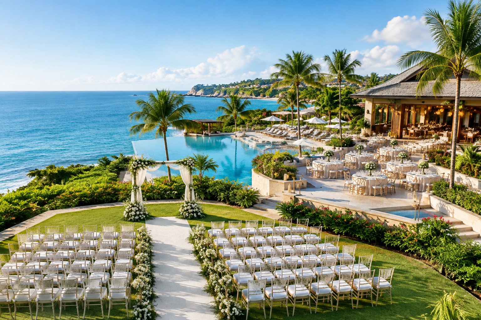 A tropical resort wedding venue with a decorated ceremony area, reception tables, gardens, pool, and ocean views.