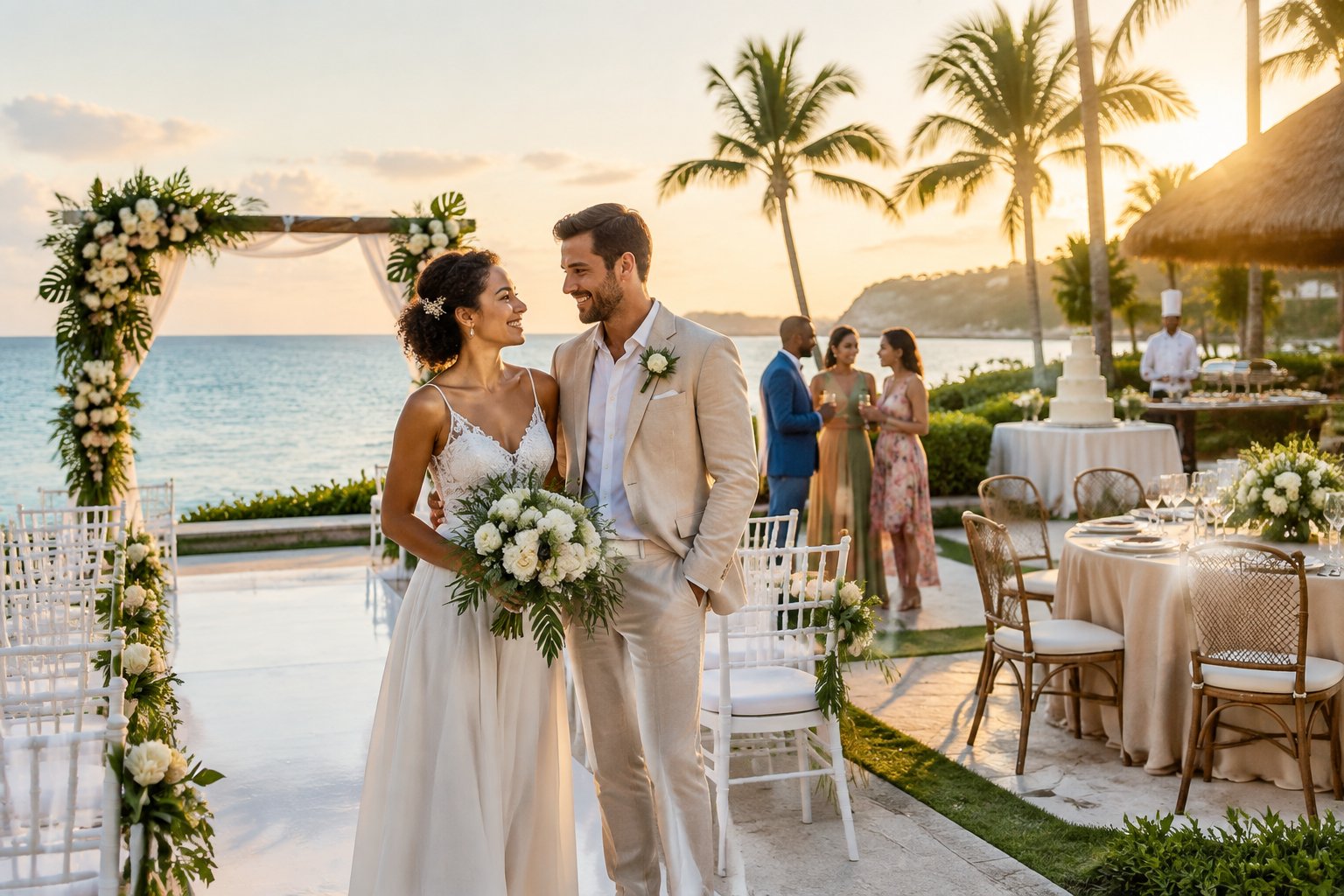 A bride and groom stand beside a decorated seaside wedding ceremony setup at a tropical resort.