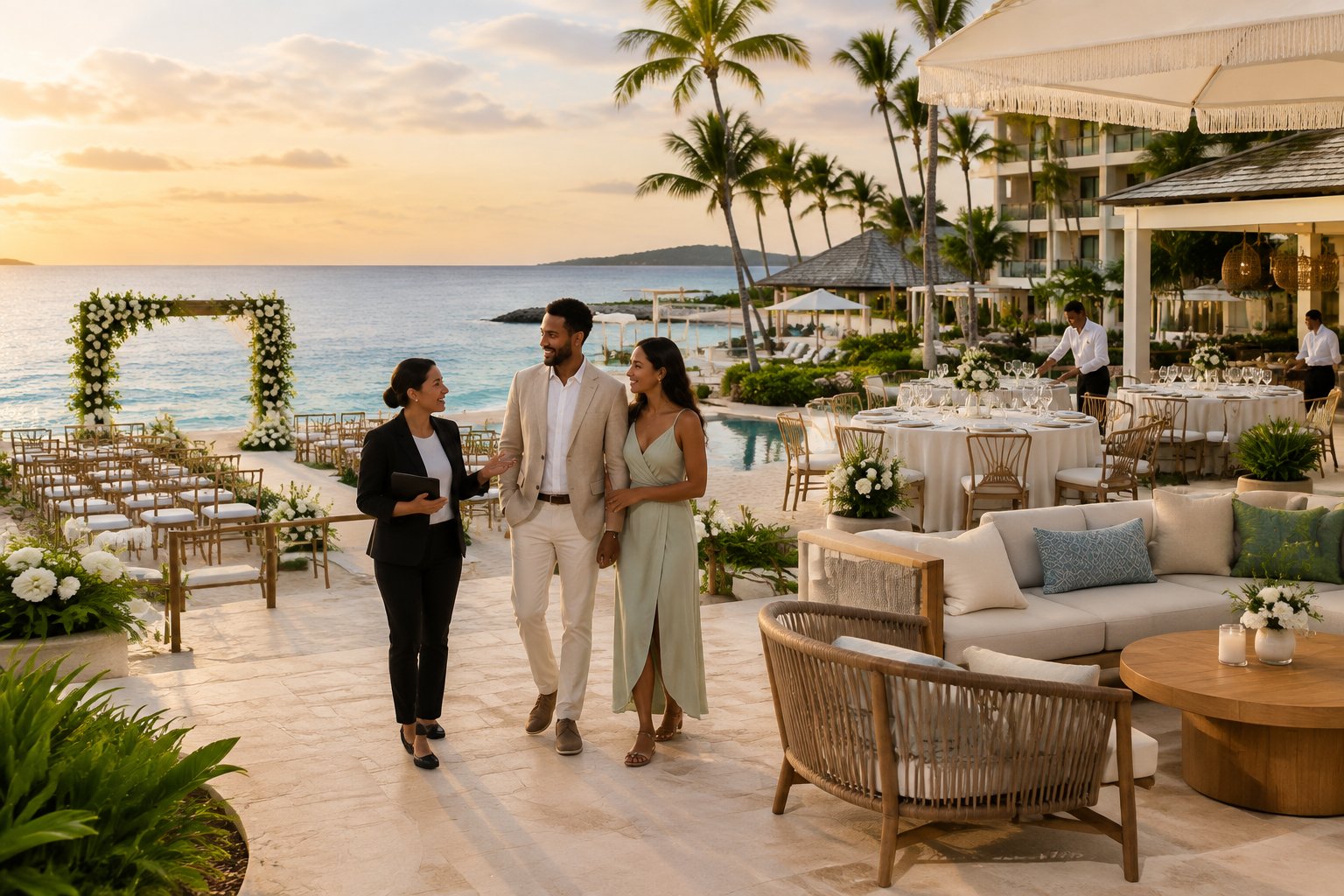 A couple tours a tropical beachfront resort with a wedding coordinator, viewing a ceremony area and reception setup.