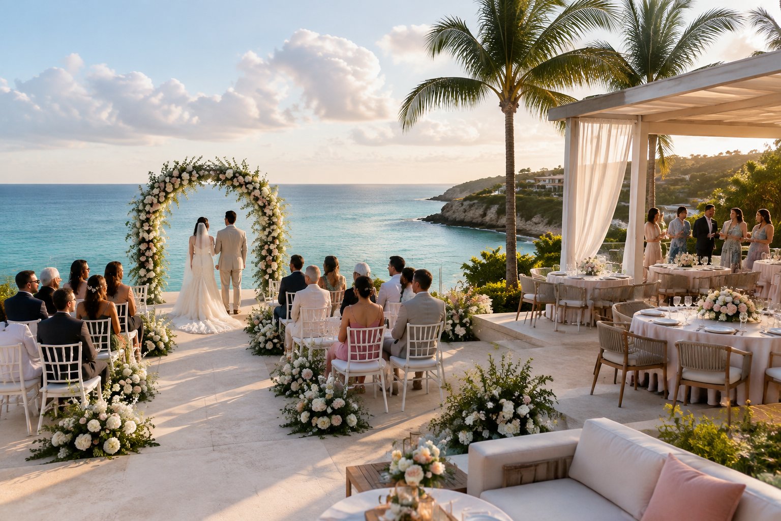 A wedding ceremony setup at a tropical resort overlooking the ocean, with guests and floral decorations.