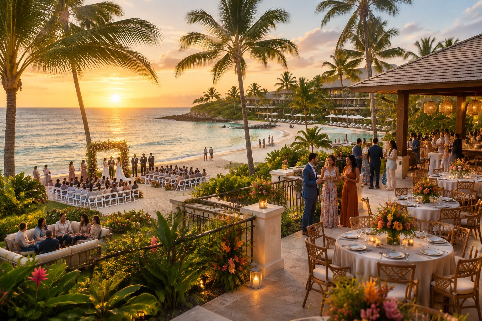 A tropical beachfront resort prepared for a destination wedding, with a ceremony arch, decorated reception tables, and guests enjoying the setting.