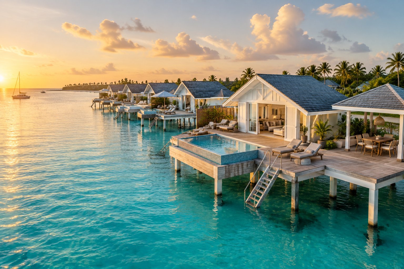 Luxury overwater bungalows stretch across clear turquoise water near a tropical shoreline.