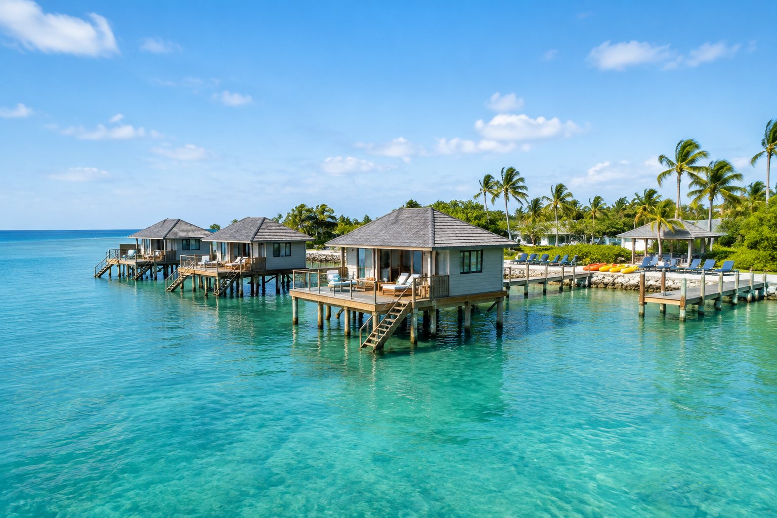 Tropical waterfront bungalows extending over clear turquoise water near a palm-lined Key West shoreline.
