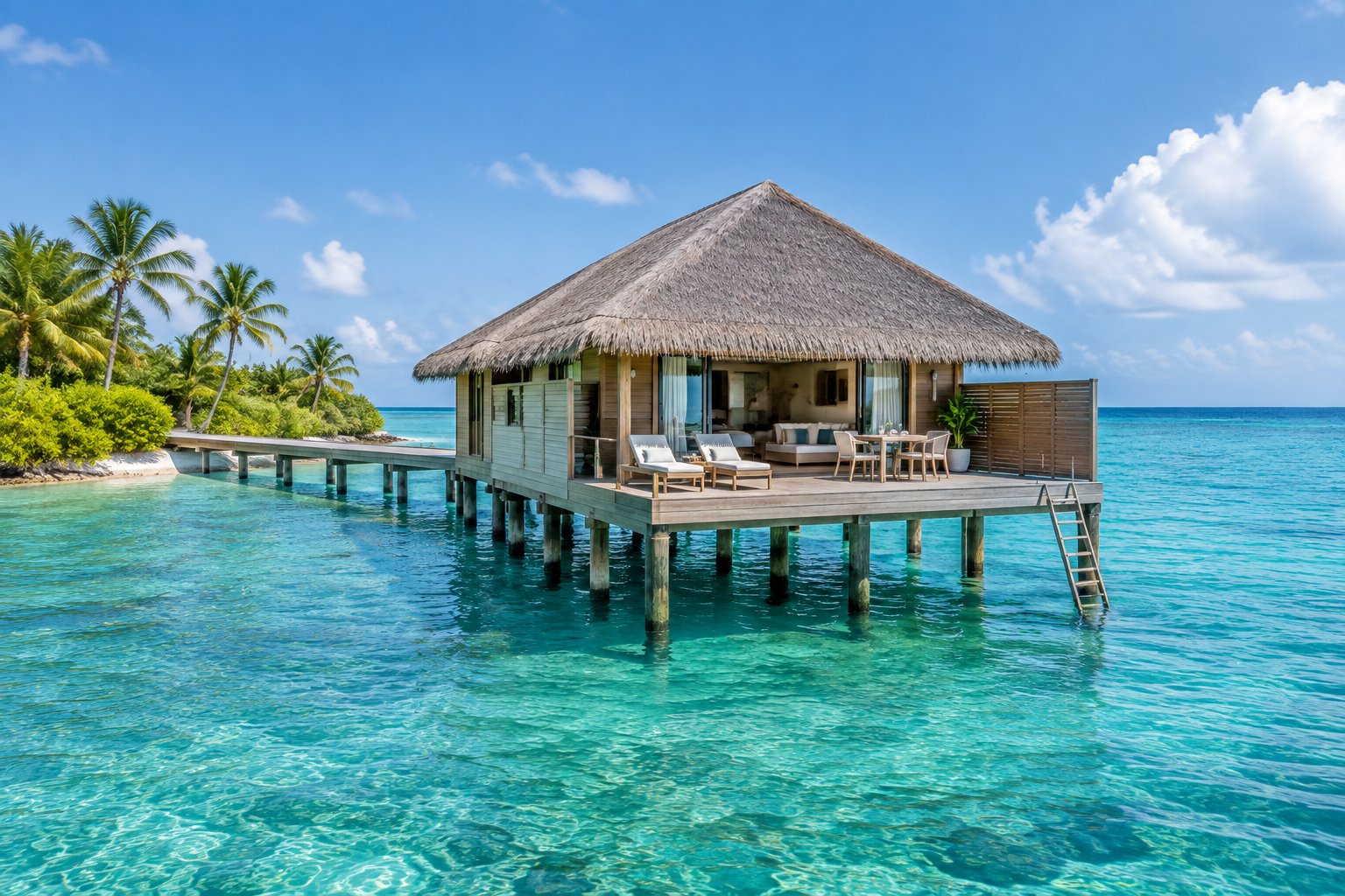A luxurious overwater bungalow with a private deck above calm turquoise sea near a tropical shoreline.