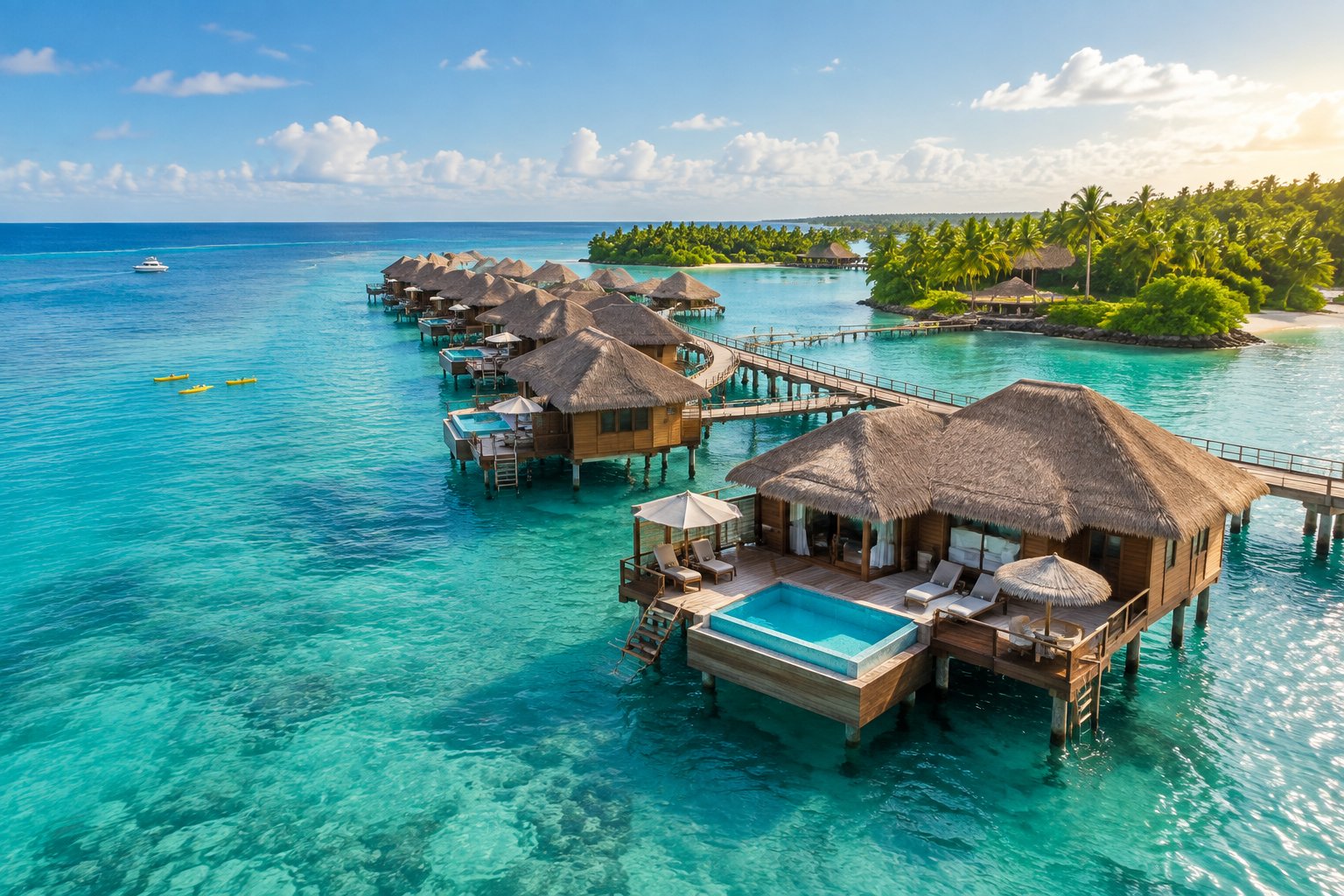 Luxury overwater bungalows stretch across clear turquoise water beside a lush tropical Jamaican shoreline.