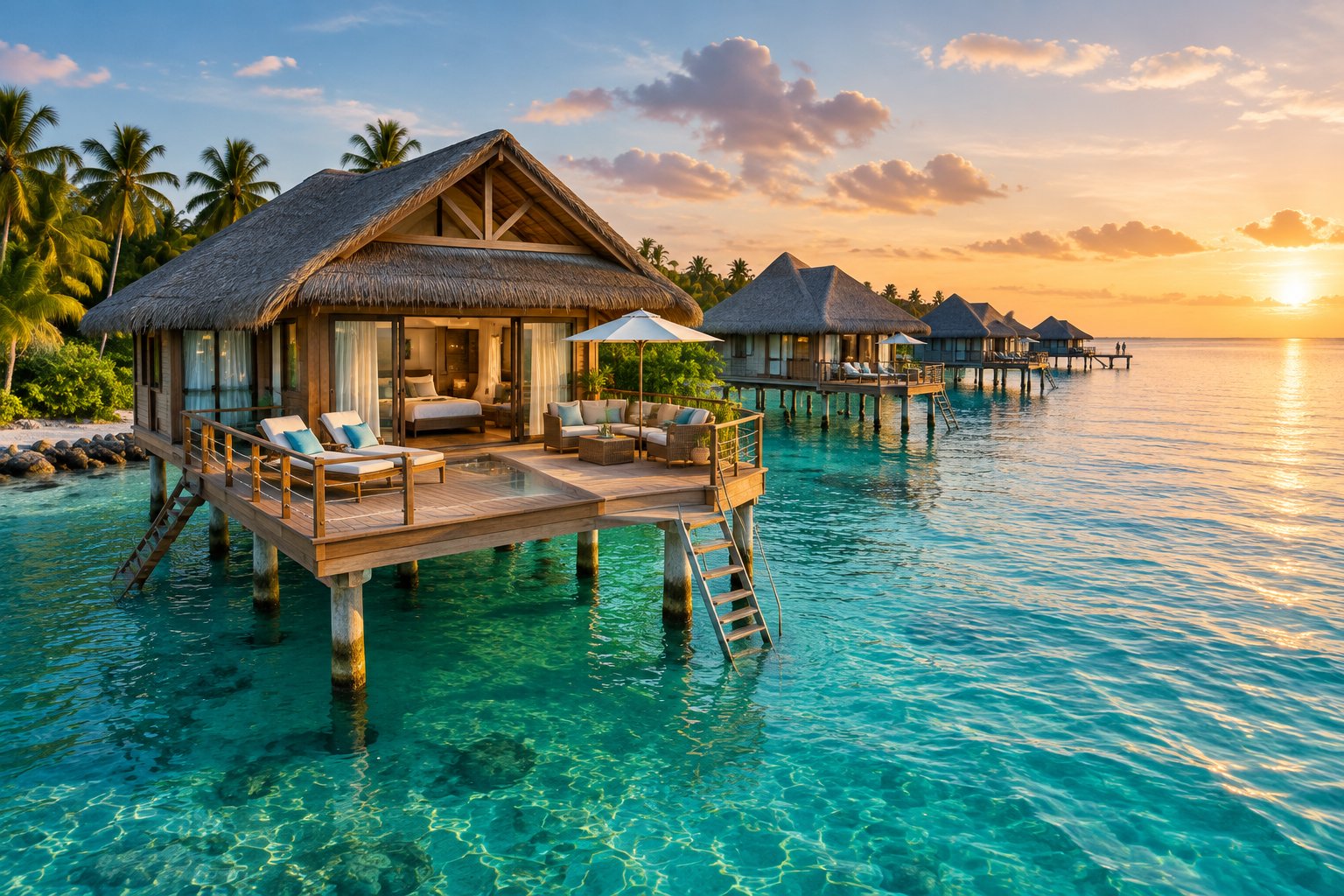 Luxury overwater bungalows surrounded by clear turquoise water and tropical vegetation.