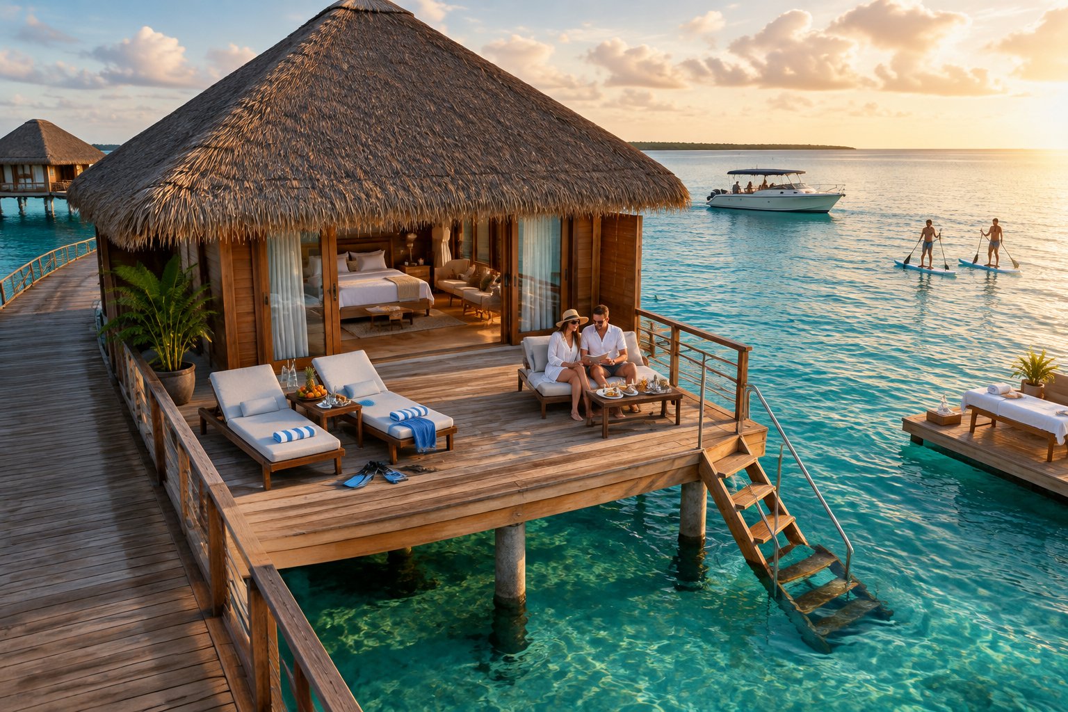 Travelers relax on the deck of a luxury overwater bungalow with amenities and optional excursions visible nearby.