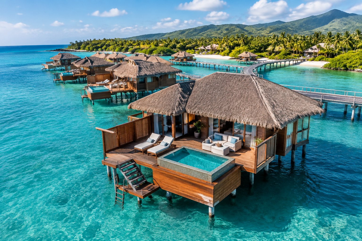 Luxury overwater villas connected by a boardwalk above turquoise Caribbean water near Jamaica’s lush coastline.