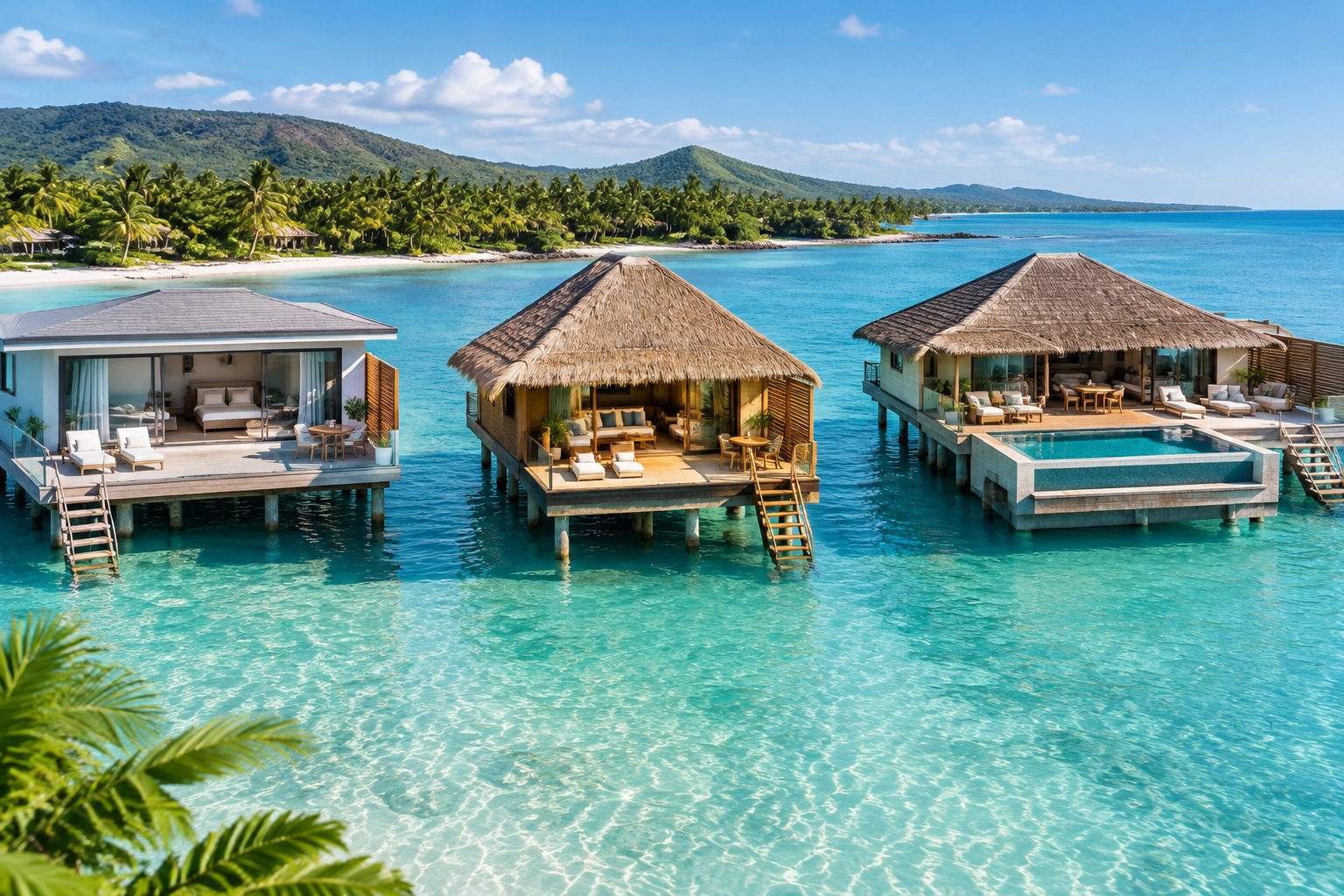 Three luxury overwater bungalows sit across a clear Caribbean lagoon beside Jamaica's lush coastline.