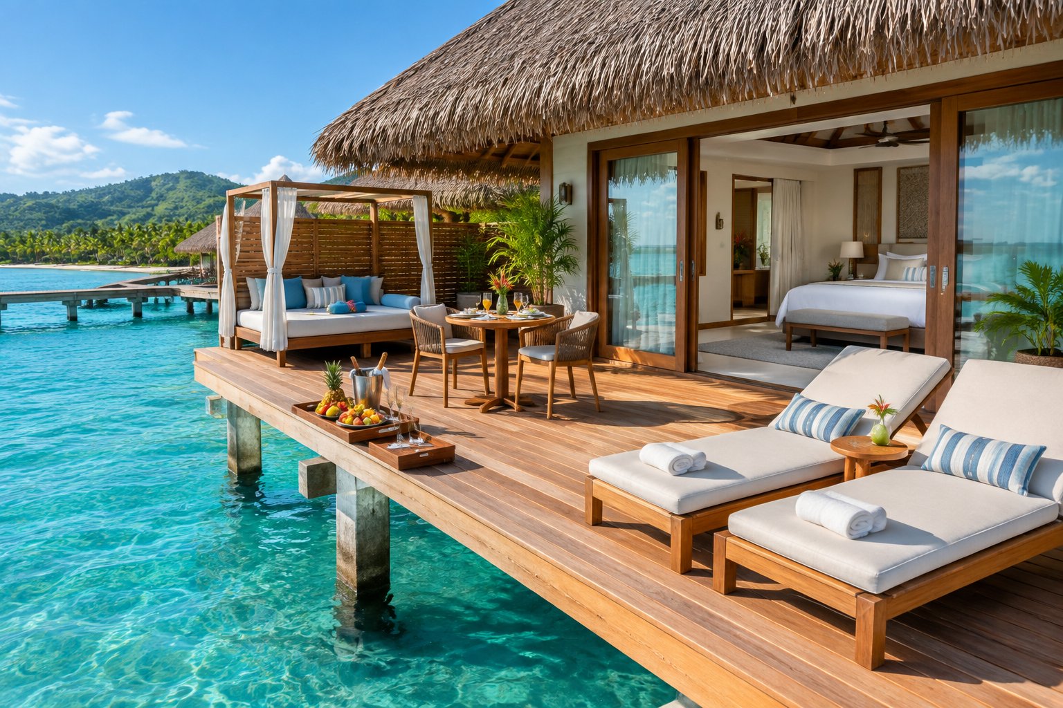 A luxury overwater bungalow terrace in Jamaica with lounge furniture, a set dining table, tropical fruit, and clear turquoise Caribbean water.