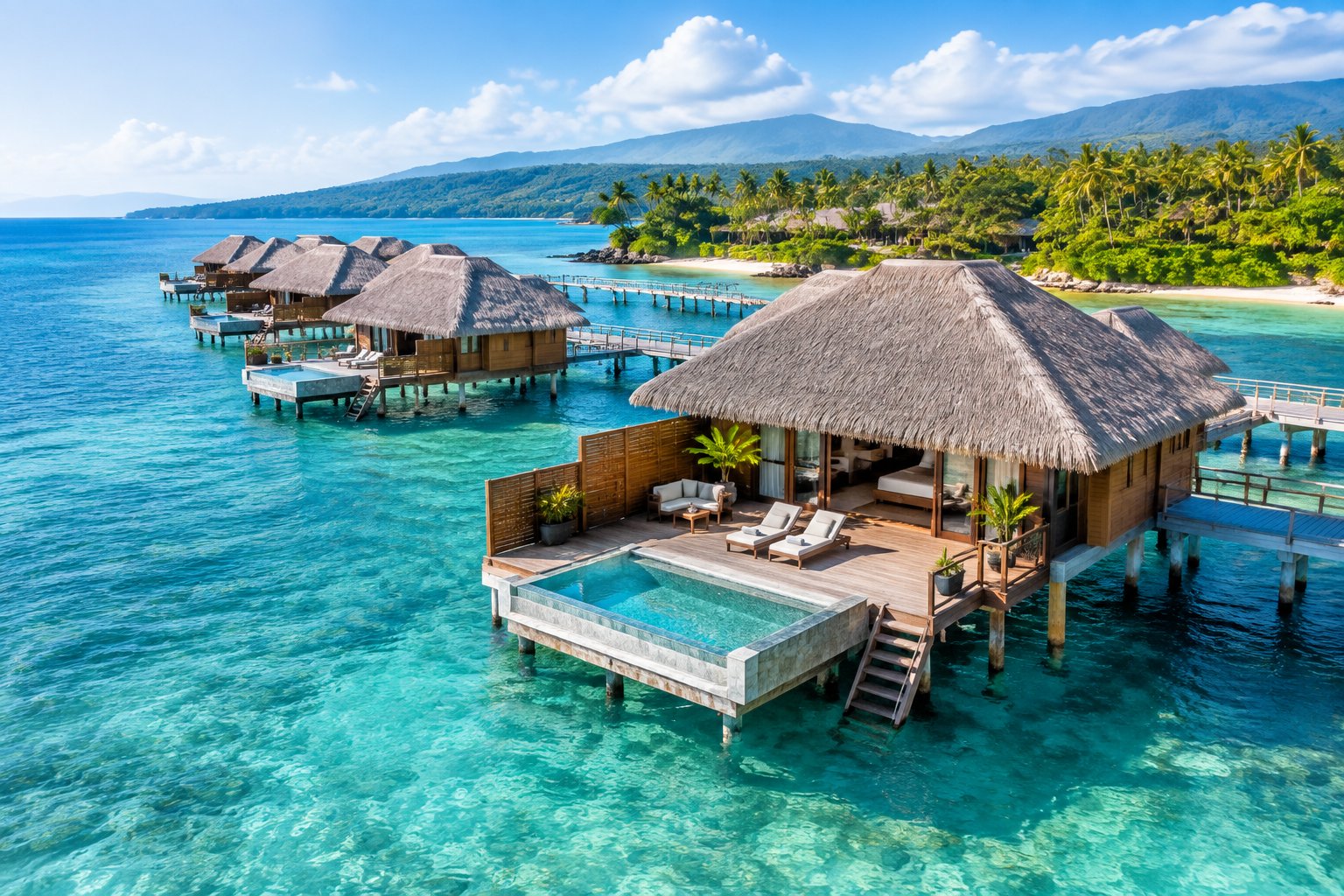 Luxury overwater bungalows extend across clear turquoise water beside Jamaica’s lush tropical coastline.