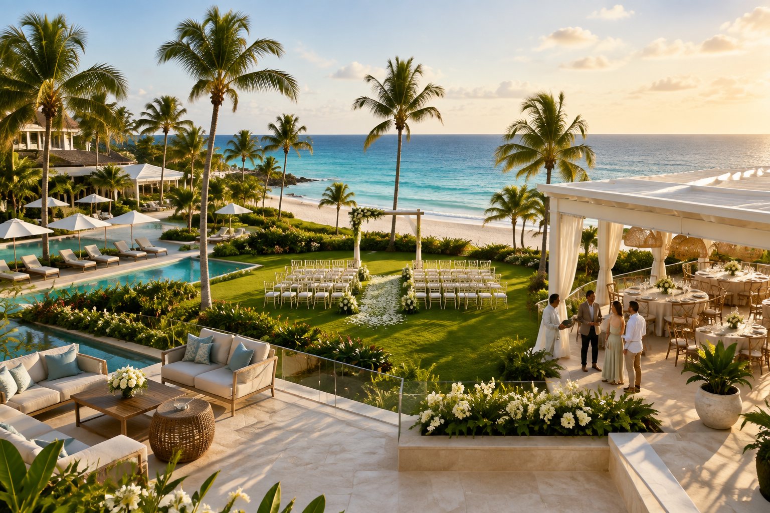 A tropical resort wedding venue overlooks a Caribbean beach with a ceremony arch, white chairs, floral arrangements, and reception tables.
