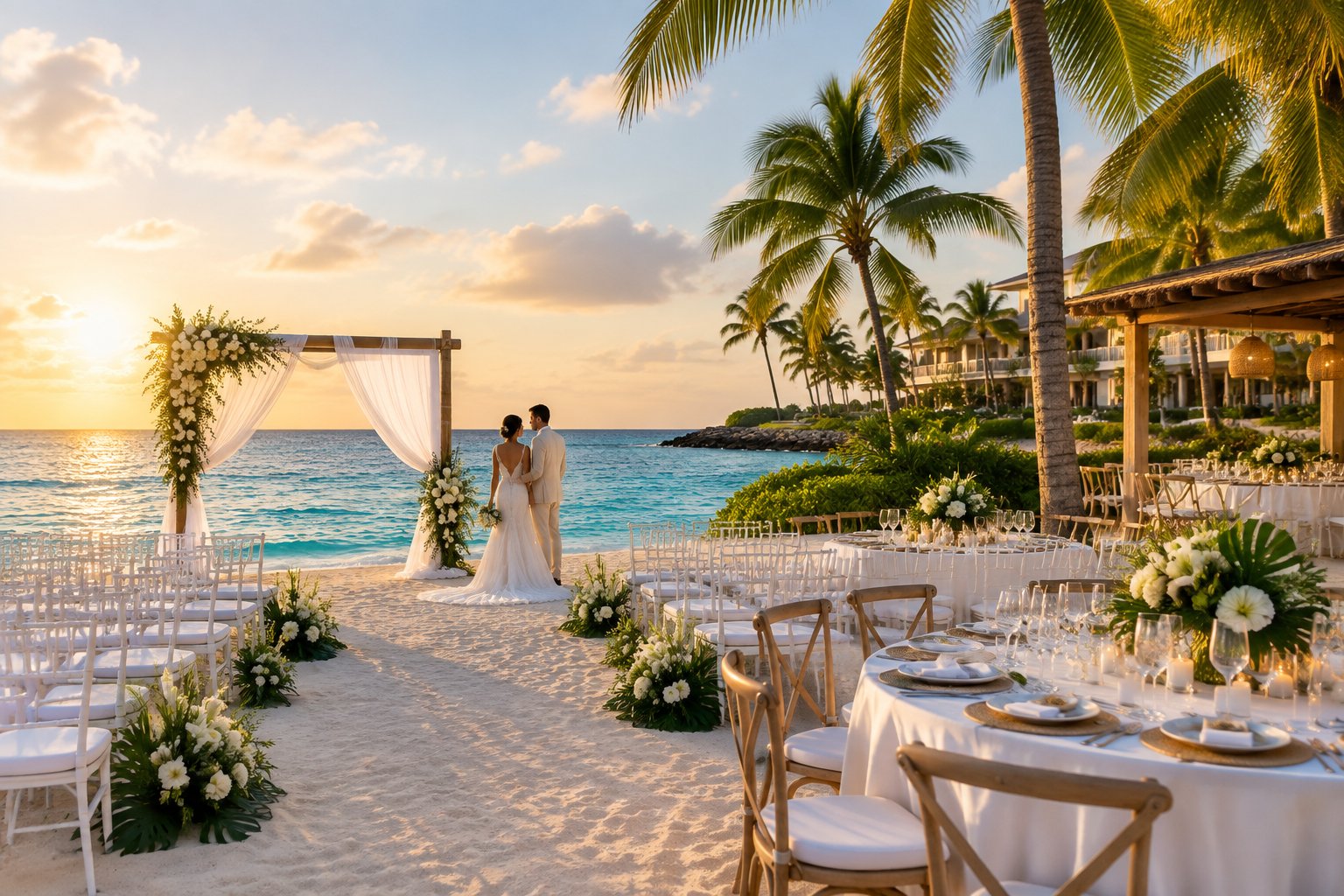 An elegant beachfront wedding ceremony at a tropical Dominican Republic resort, with a flower-covered arch, white chairs, palm trees, and turquoise water.
