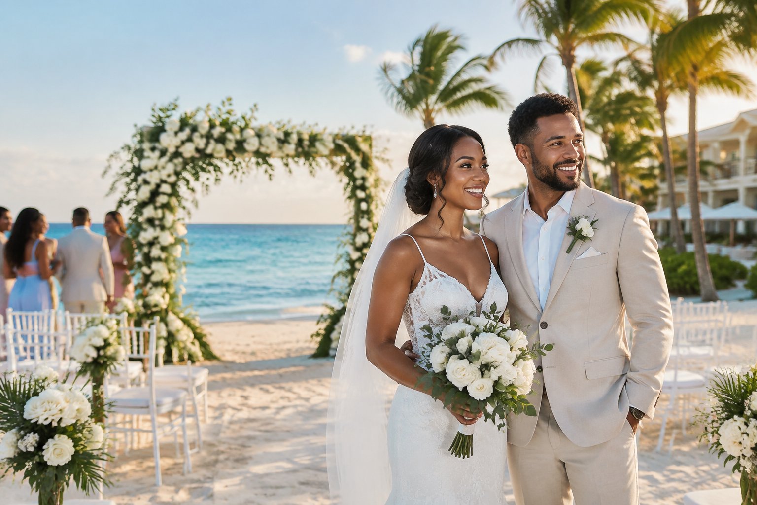 Bride and groom at a tropical seaside wedding ceremony in the Dominican Republic.