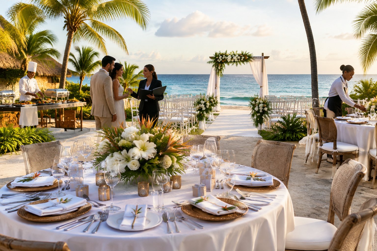 An elegant tropical wedding reception setup overlooking the Caribbean at a Dominican Republic resort.