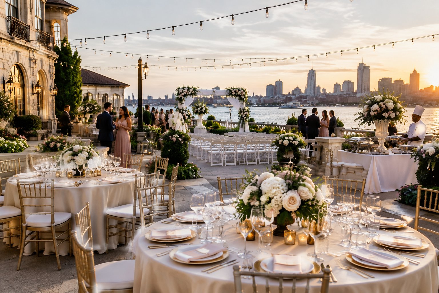 An elegant waterfront wedding venue with decorated reception tables, a floral ceremony arch, and guests gathering on a terrace.