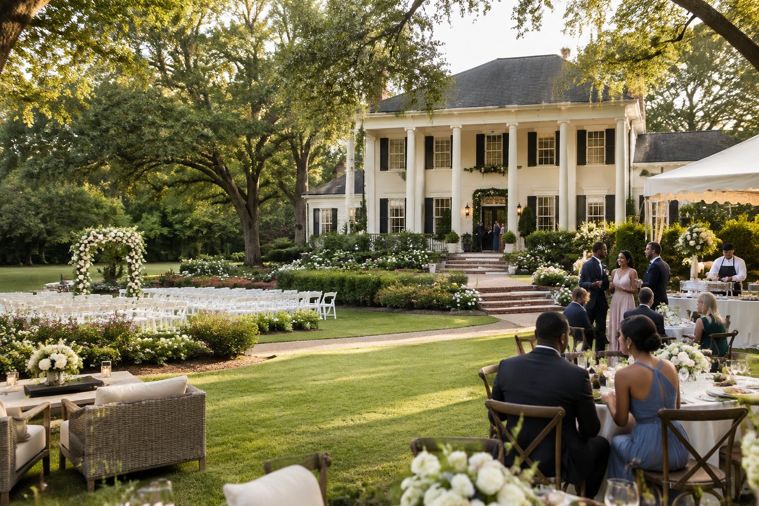 A historic Carolina manor house with landscaped gardens, an outdoor wedding ceremony setup, and elegant reception tables.