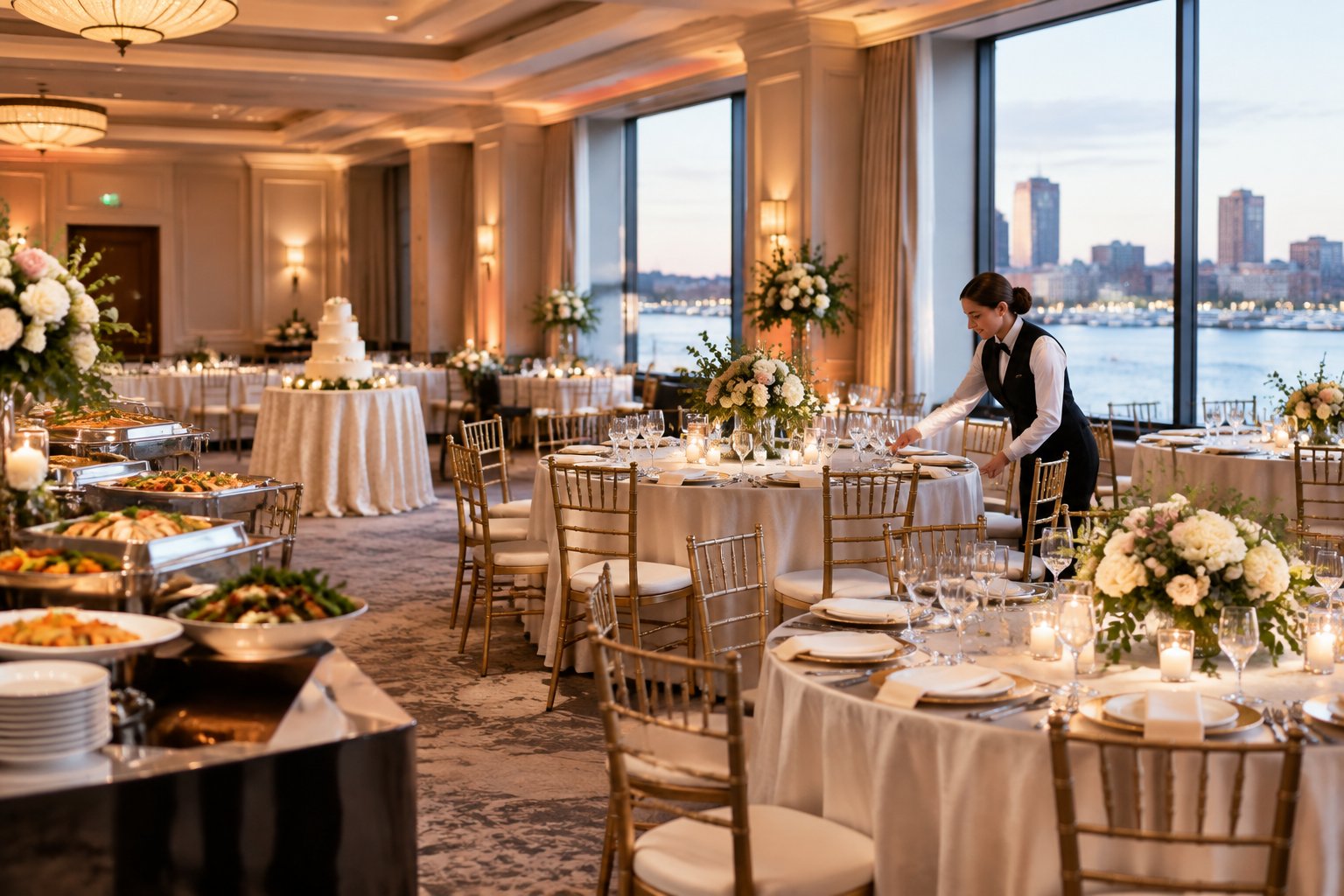 An elegant wedding reception venue with decorated tables, catering service, and a wedding cake.