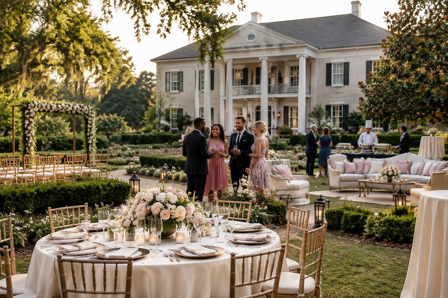 Wedding guests gather at a decorated reception on the landscaped grounds of a grand Carolina manor house.