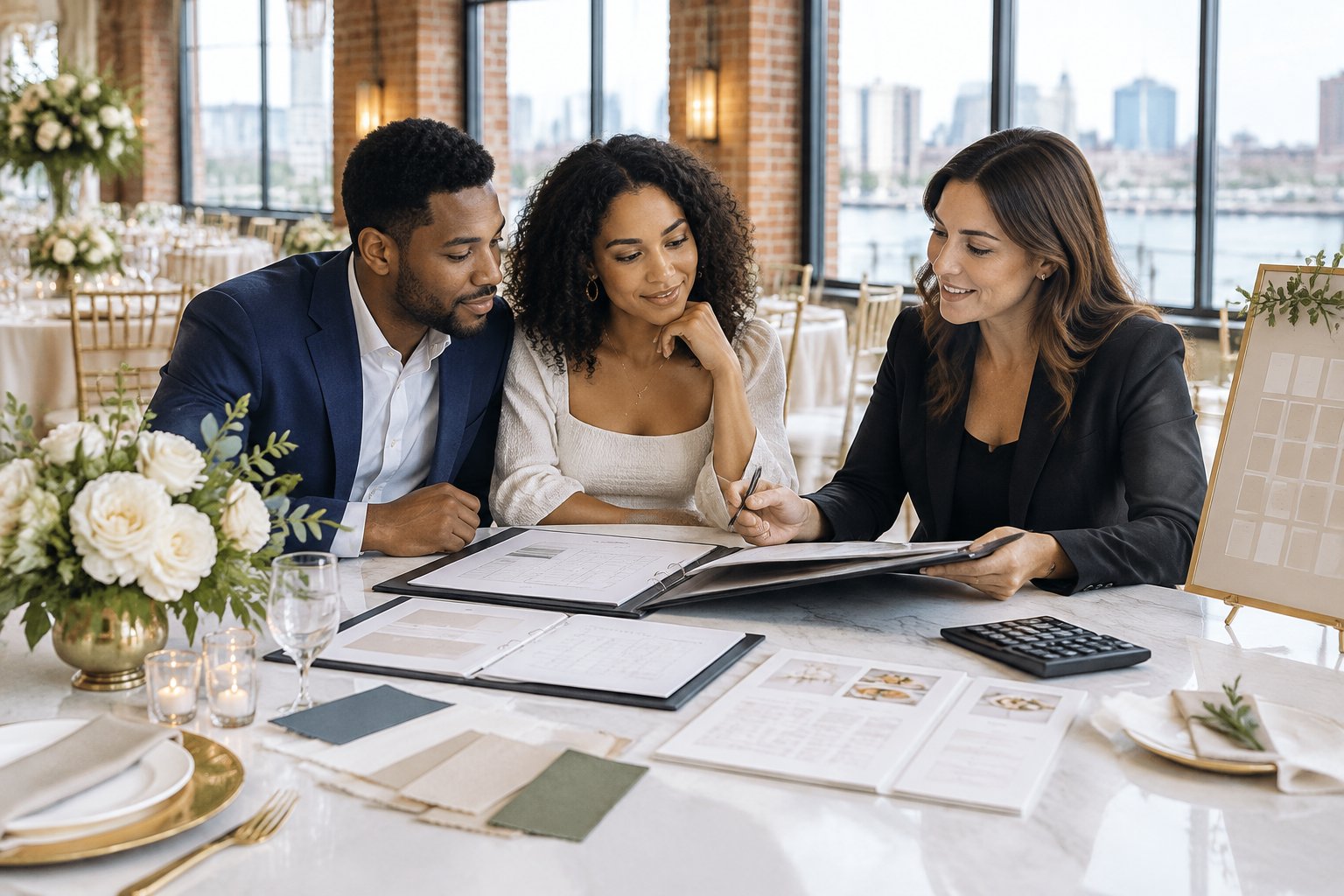 A couple compares wedding venue proposals with a coordinator at an elegant Baltimore reception venue.