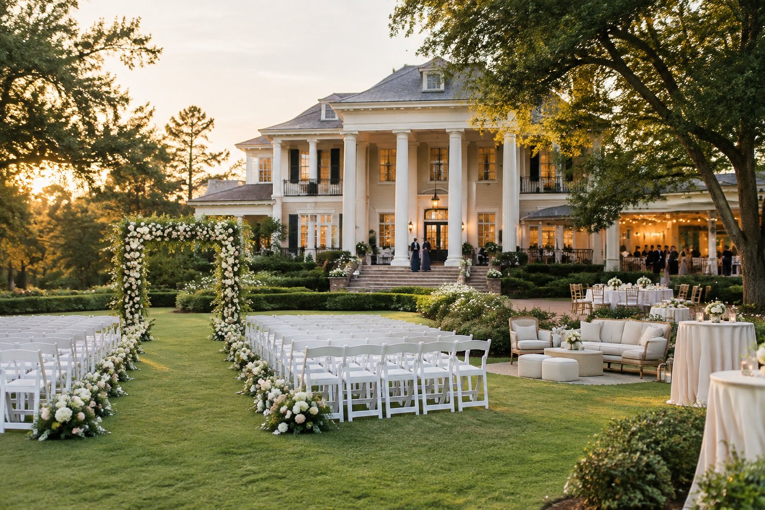 An elegant manor house wedding venue with a garden ceremony area, reception tables, and guests moving between outdoor and indoor spaces.
