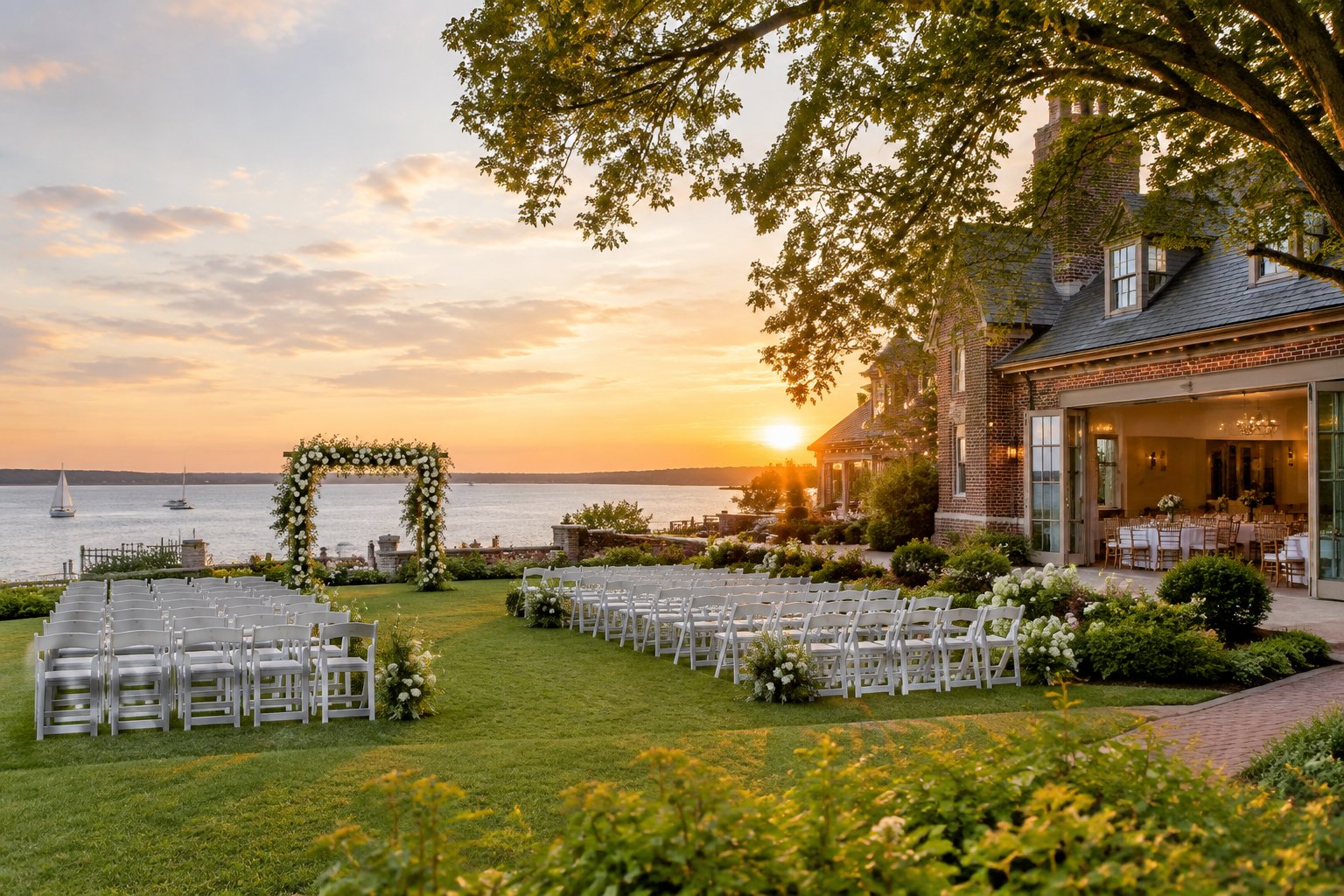 Elegant wedding venue with a garden ceremony area, historic architecture, and a scenic waterfront setting.
