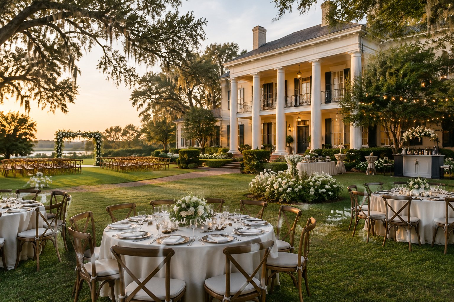 A historic Carolina manor house with an elegant outdoor wedding ceremony and reception setup.