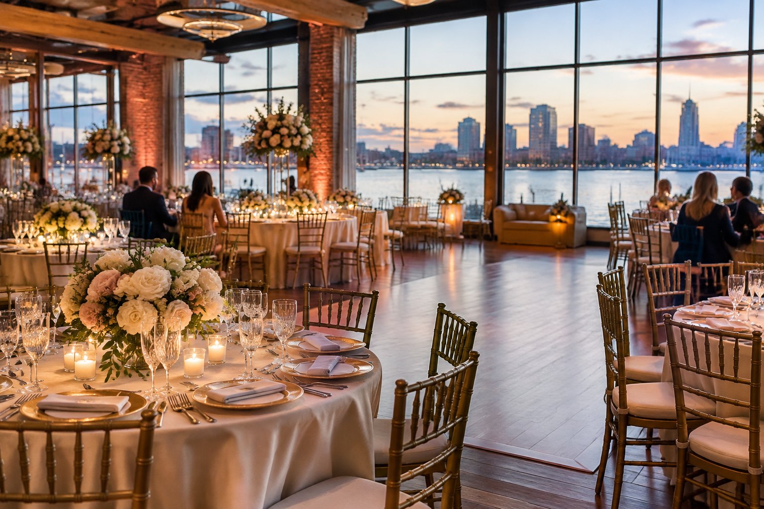 Elegant wedding reception arranged inside a waterfront venue with decorated tables and a distant city skyline.