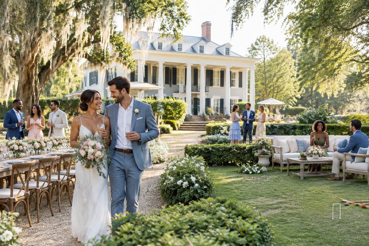 Newlyweds and guests enjoy an elegant outdoor gathering at a Southern manor wedding venue.