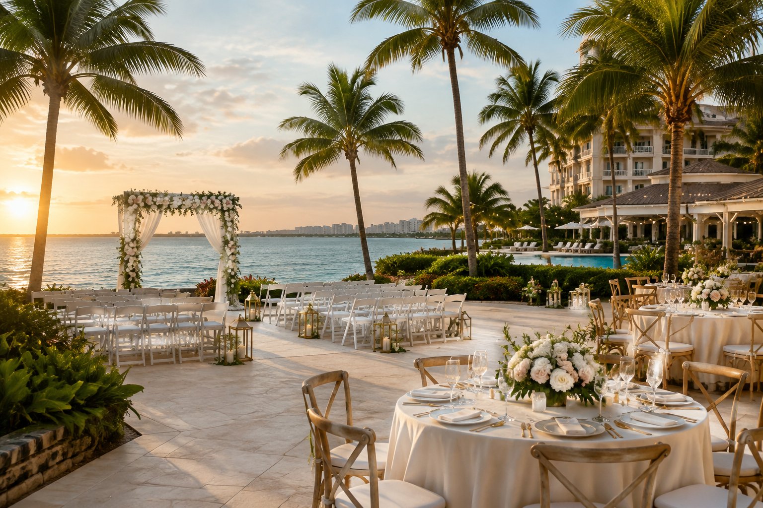 Elegant beachfront wedding venue in Fort Lauderdale with a flower-covered ceremony arch, white chairs, decorated reception tables, palm trees, and ocean views.