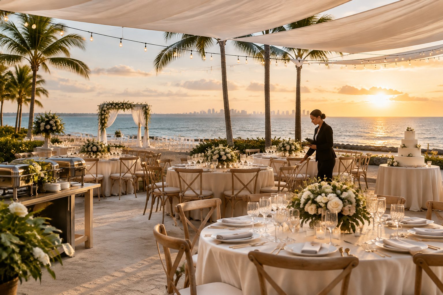 Elegant beachfront wedding reception setup with decorated tables, a ceremony arch, and tropical coastal scenery.