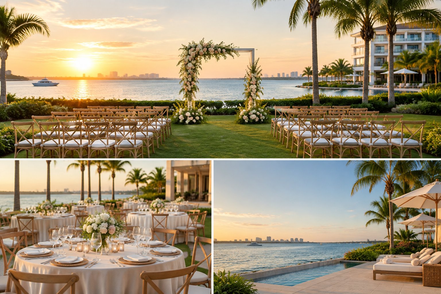 An elegant seaside wedding venue with a floral ceremony arch, arranged chairs, and a decorated reception area overlooking calm water.