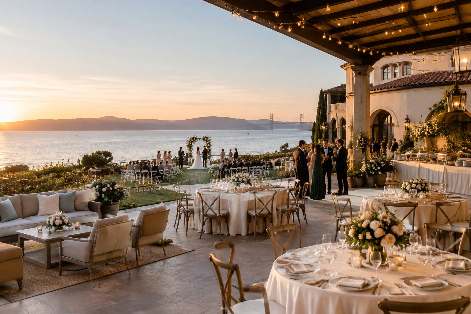 An elegant waterfront wedding venue with decorated tables, gardens, guests, and a ceremony area overlooking the bay.