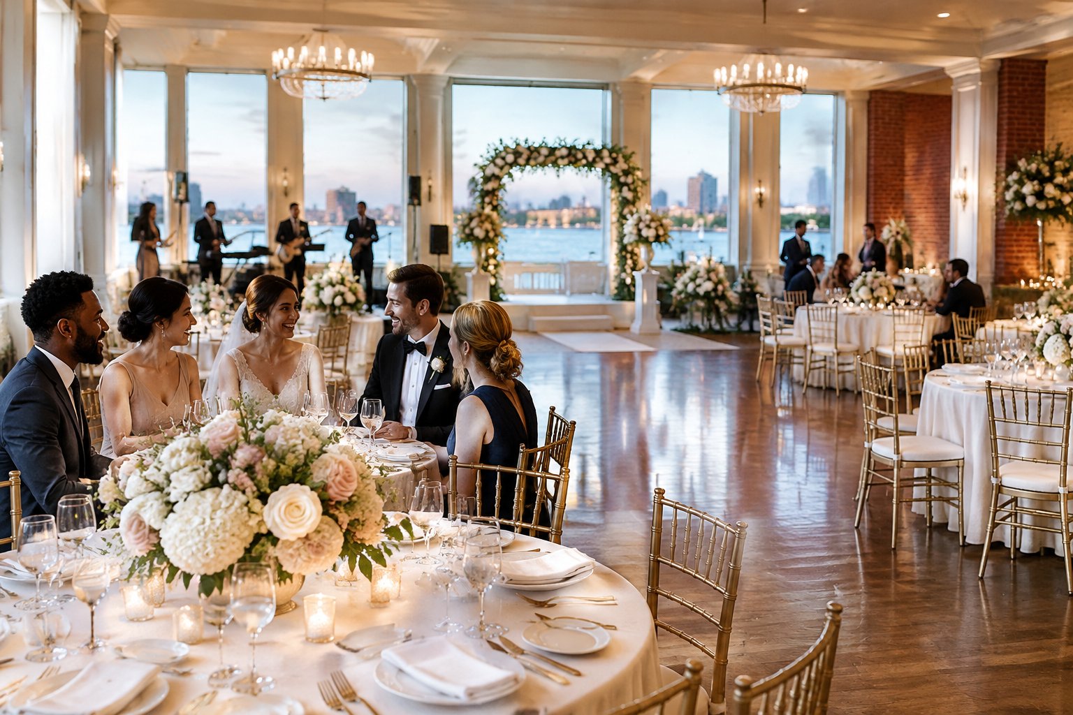 An elegant Boston-area wedding venue decorated for a reception, with floral tables, warm lighting, and guests celebrating.