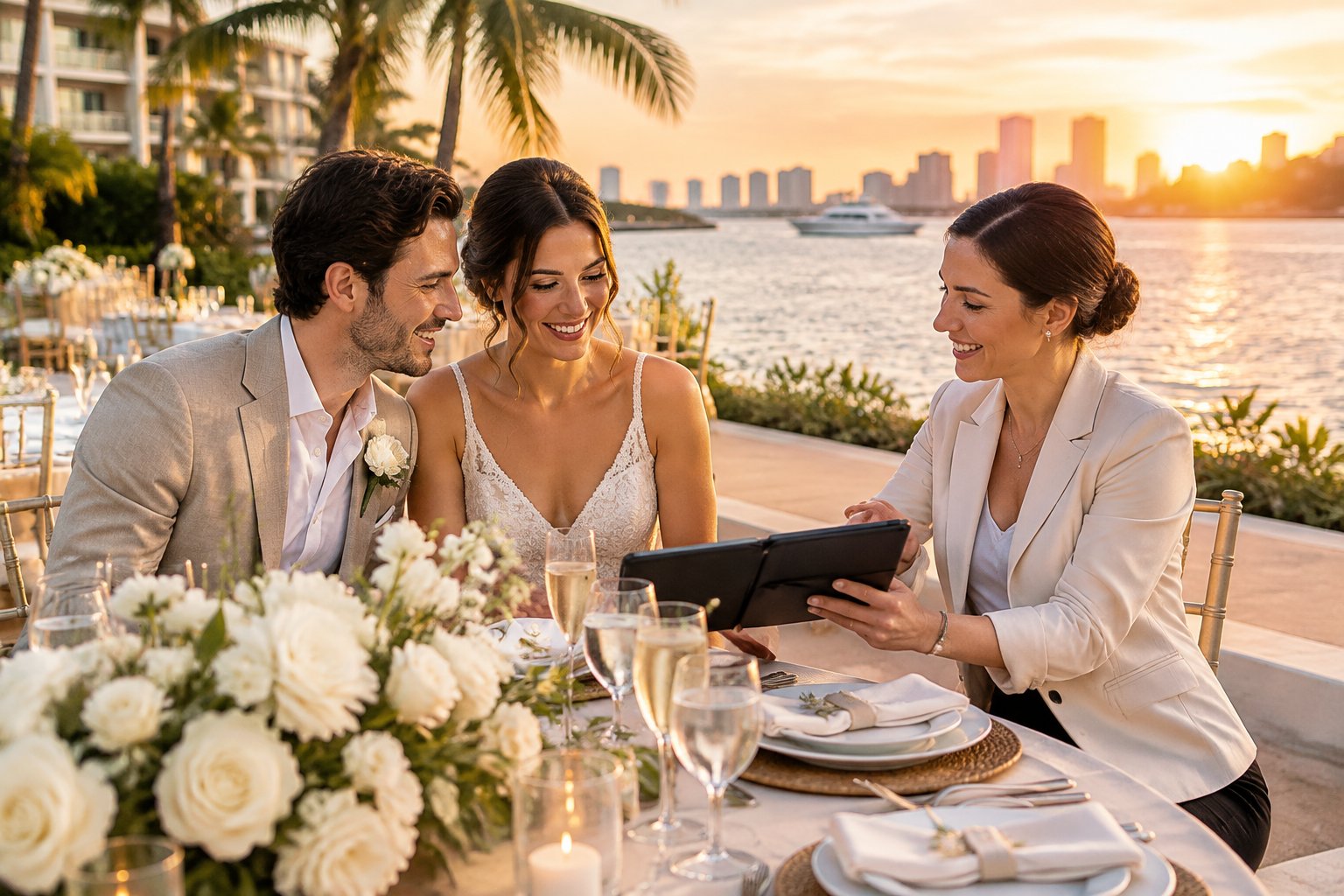 A couple and wedding coordinator review venue details at an elegant waterfront wedding reception.