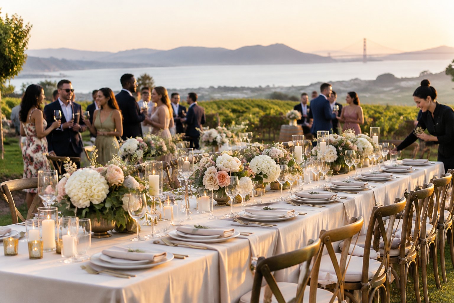 Guests enjoy an elegant outdoor wedding reception at a Bay Area venue with a decorated dining table and scenic hills in the background.