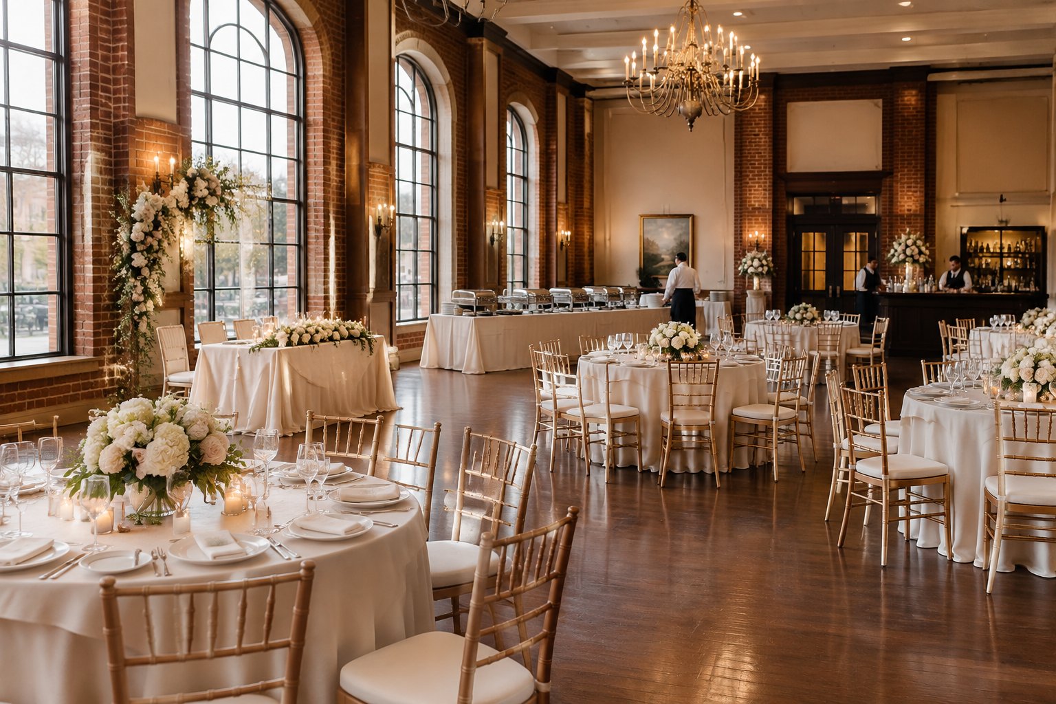 An elegant wedding reception venue with decorated tables, floral centerpieces, and catering preparations.