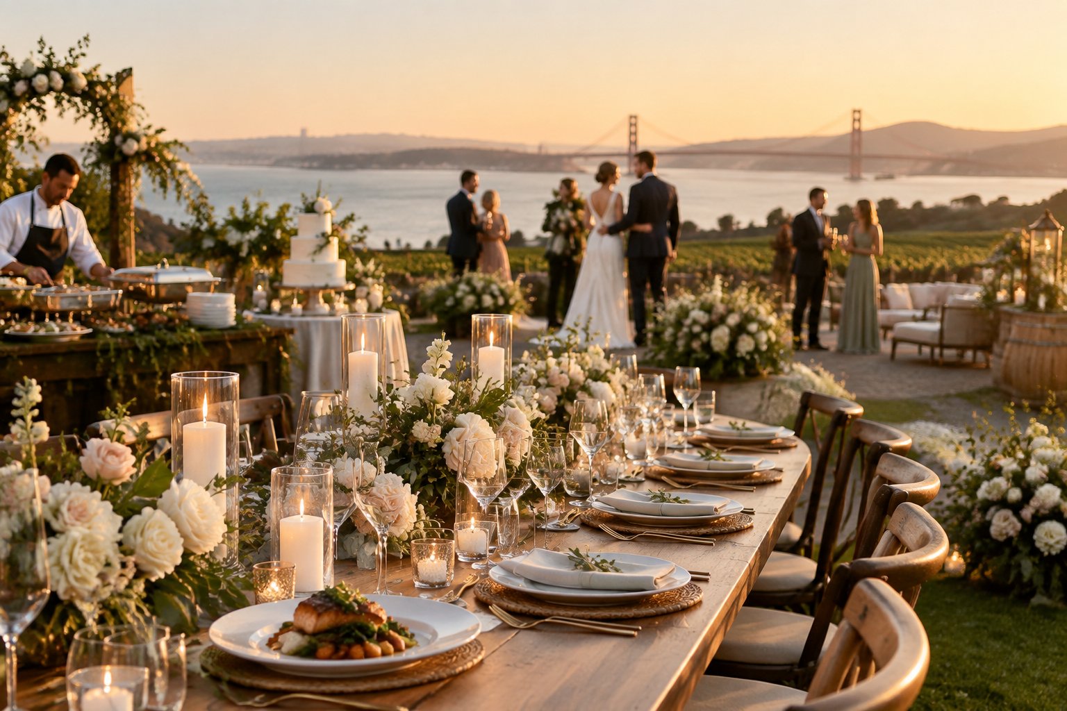 An elegant outdoor wedding reception with a decorated banquet table, floral arrangements, a wedding cake, and guests at a scenic Bay Area venue.