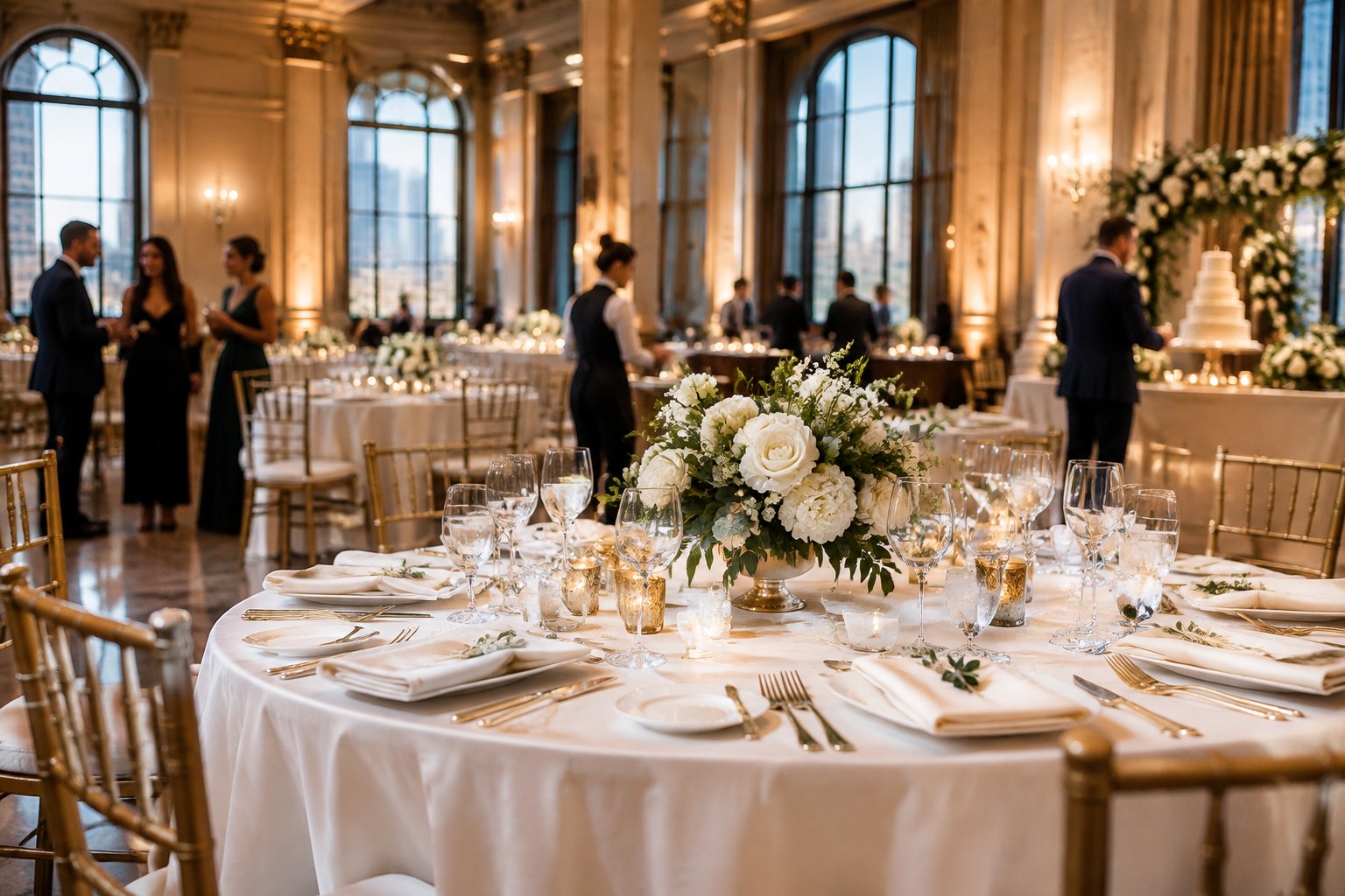 Elegant wedding reception table inside a refined Boston venue with guests and staff in the background.