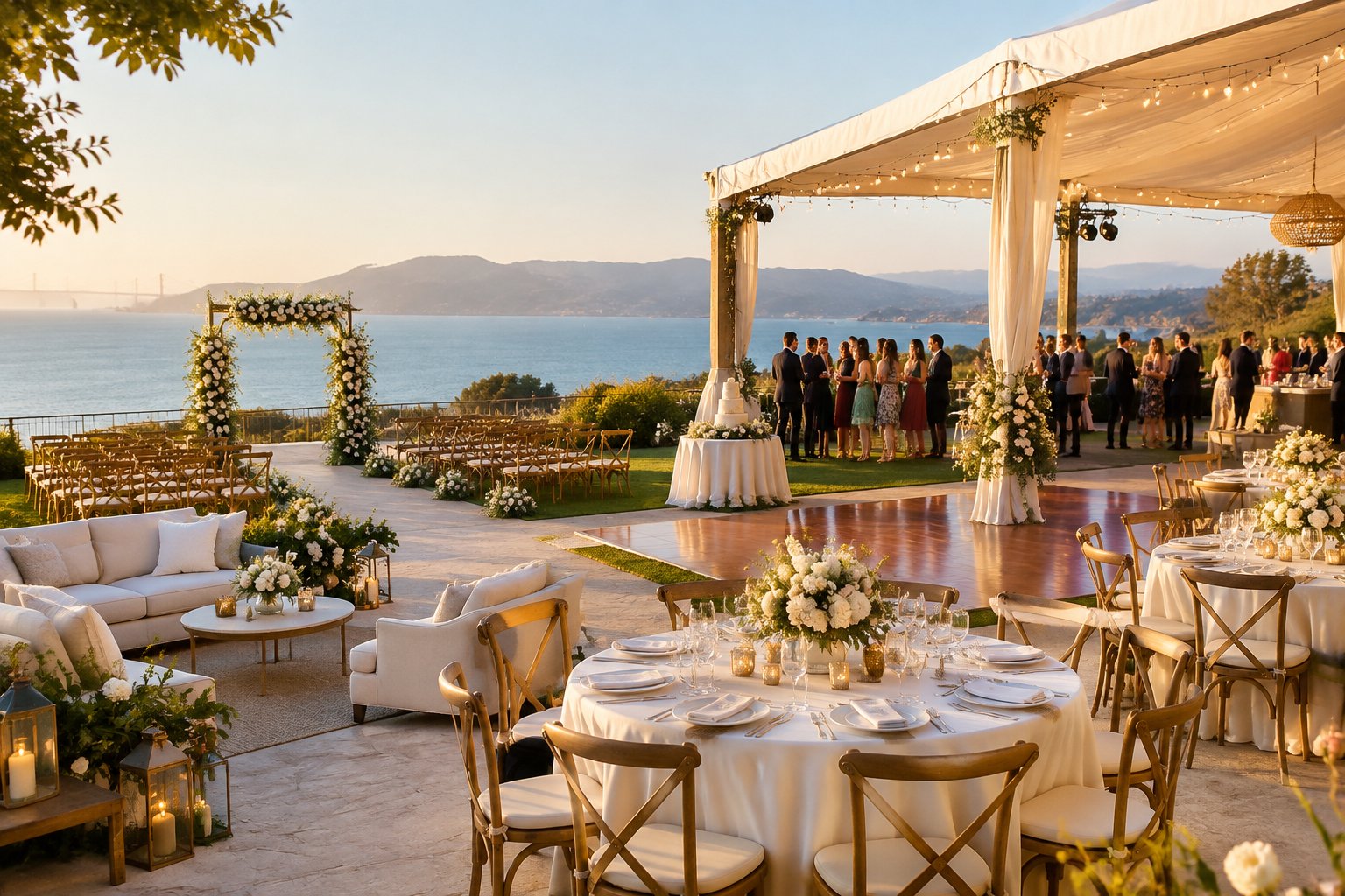 Elegant waterfront wedding reception venue with decorated tables, floral details, and guests overlooking Bay Area hills.