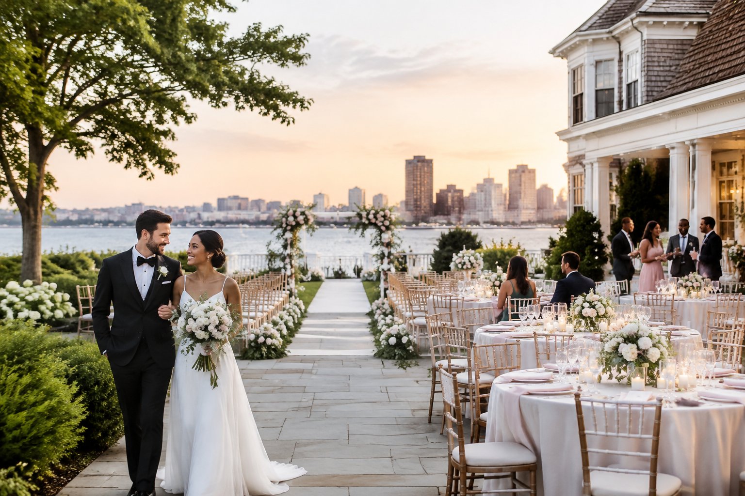An elegant Boston wedding ceremony and reception setup with floral decorations, dining tables, and guests.
