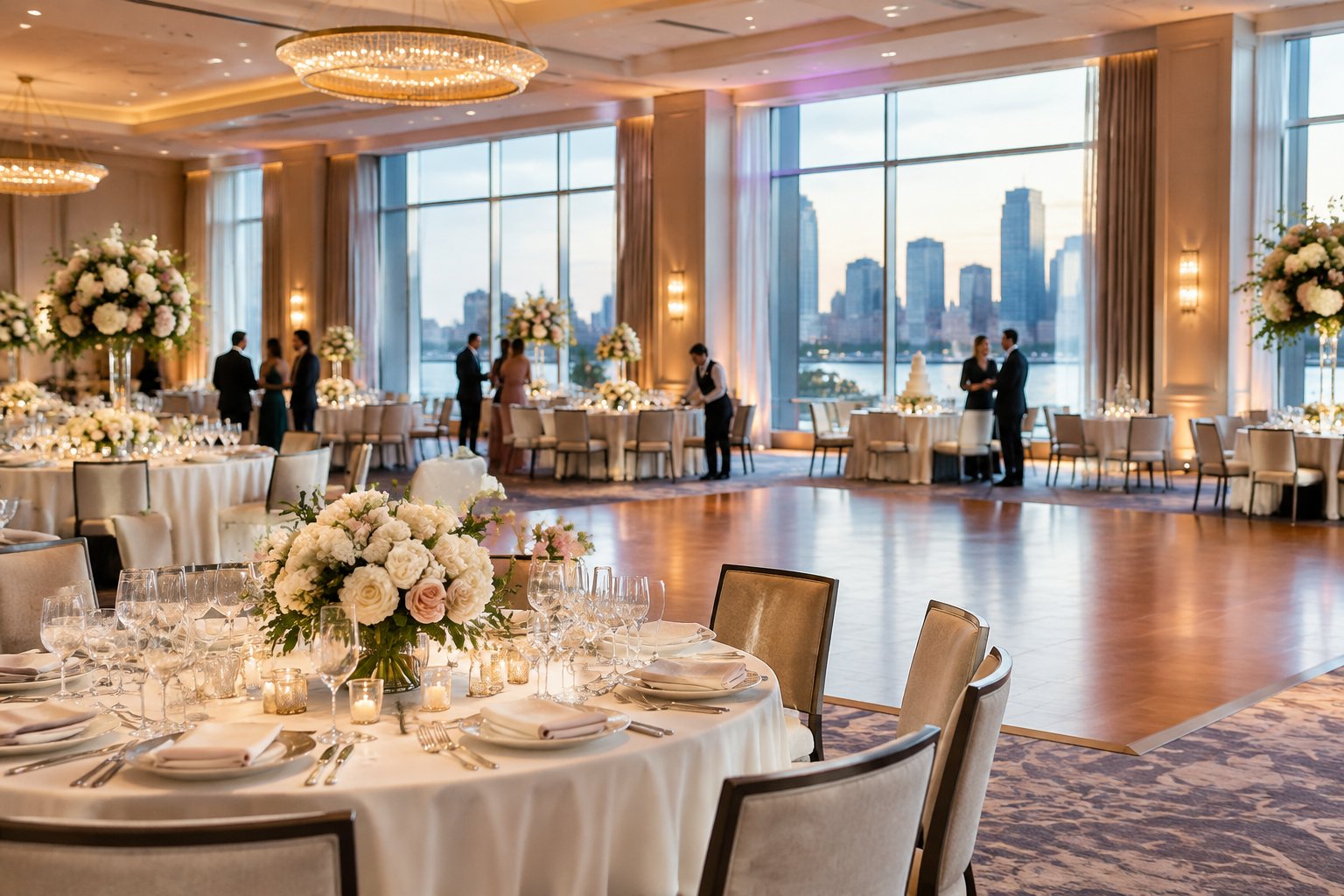 An elegant Boston hotel ballroom prepared for a wedding reception, with decorated tables, floral centerpieces, guests, and a city skyline visible through the windows.