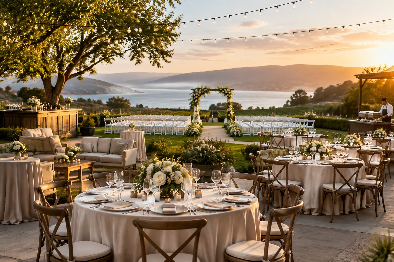 Elegant outdoor wedding venue with a floral ceremony arch, arranged chairs, decorated reception tables, and landscaped Bay Area scenery.