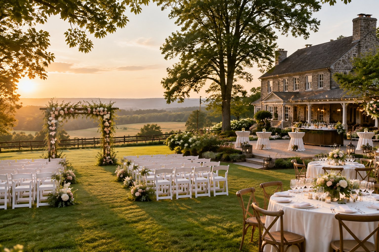 Elegant wedding ceremony and reception setup at a historic countryside venue in Gettysburg.