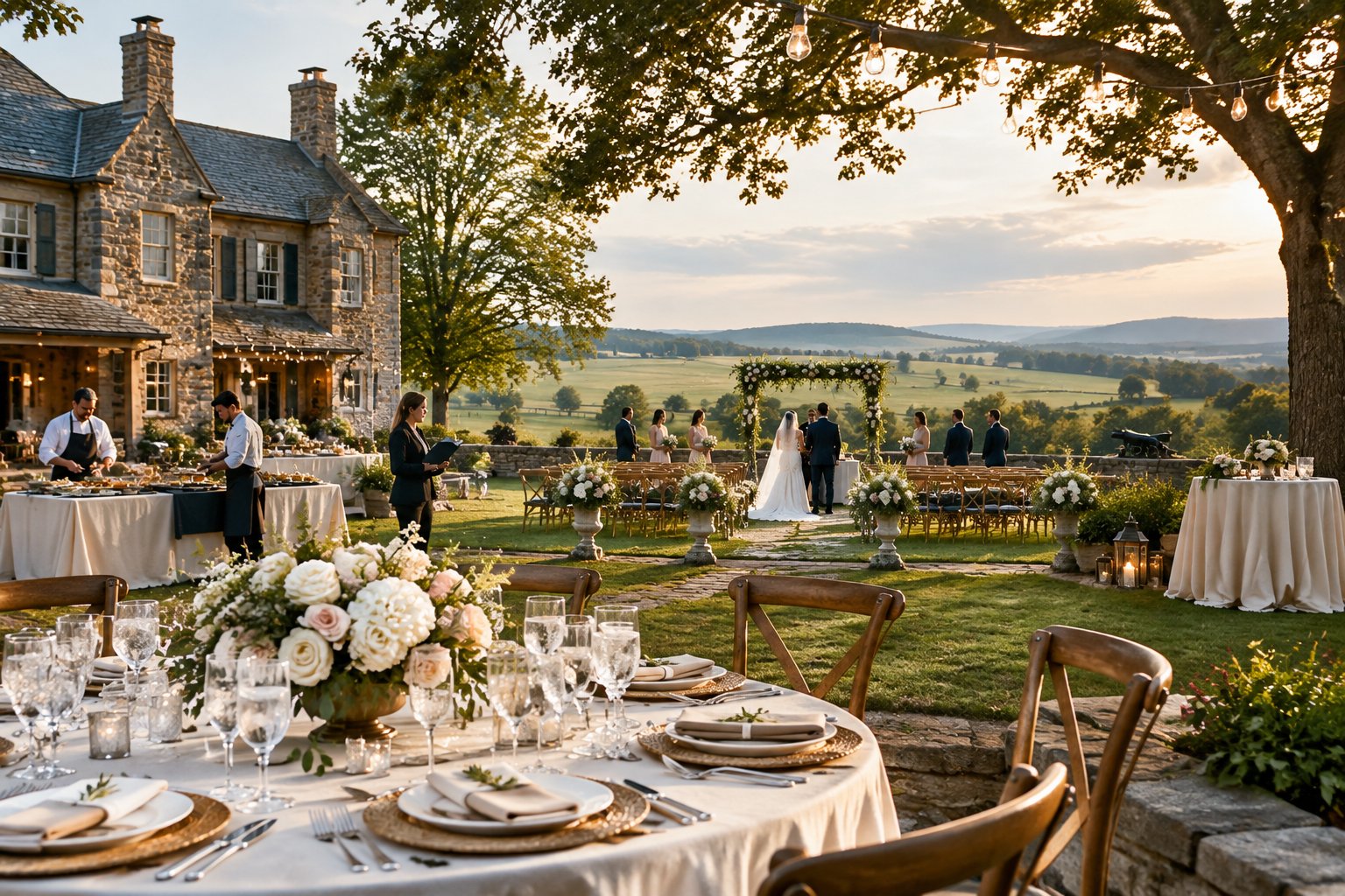 An elegant all-inclusive wedding ceremony and reception setup at a historic countryside venue near Gettysburg.