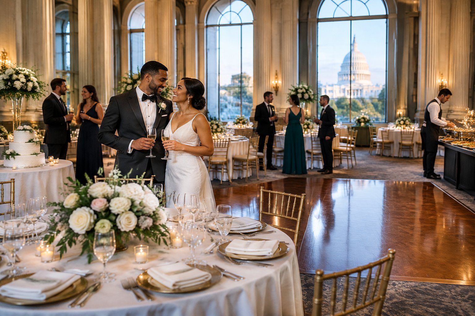 An elegant wedding reception inside a decorated Washington, DC venue with set tables, floral centerpieces, a dance floor, and guests celebrating.