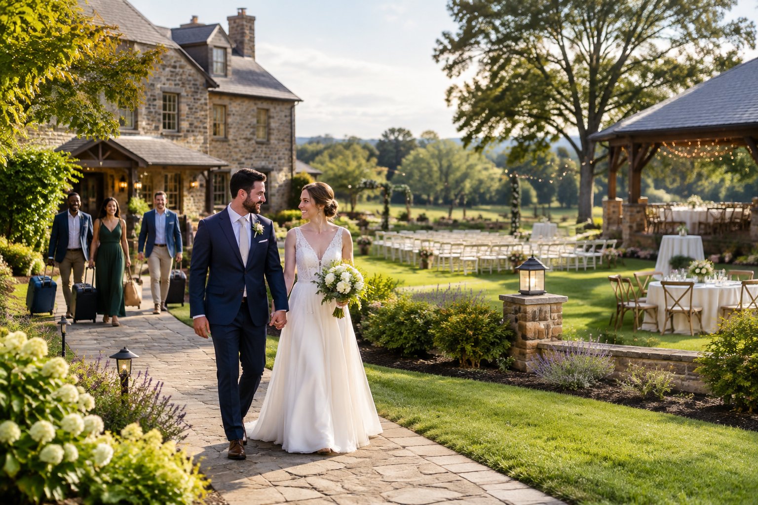 A newlywed couple walks through an elegant Gettysburg countryside wedding venue as guests arrive nearby.